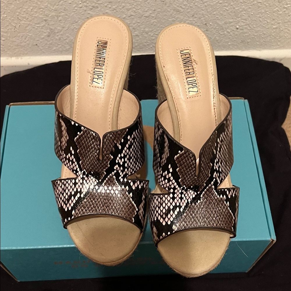 Jennifer Lopez Black and Brown Snakeskin Mules